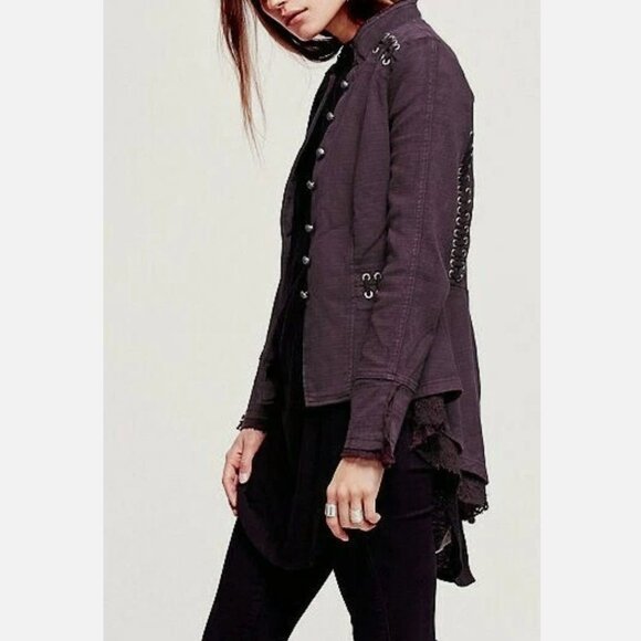 Free People Victorian Lace Up Military Jacket Corset Gray Ruffle Plum Steampunk - Picture 3 of 13